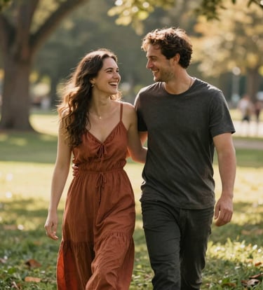 A candid, cinematic photo of an authentic couple walking through a sun-drenched North American park. They are laughing and looking at each other, captured in a warm, intimate style. The lighting is soft and golden, with clothing in terracotta and charcoal tones.