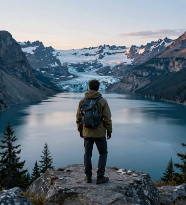 A traveler standing on a scenic overlook of a pristine North American glacial lake, wearing high-end outdoor apparel, during the soft blue hour.