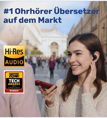 Bild einer Frau mit SonaBuds Übersetzer-Ohrhörern im Gespräch – #1 Ohrhörer Übersetzer auf dem Markt