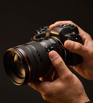 A cinematic, low-key close-up of a professional photographer’s hands adjusting a high-end lens. The lighting is dramatic and warm, highlighting textures of metal and glass. Sophisticated North American / US studio setting with gold and black tones.