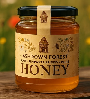 A jar of summer harvest honey with a background of flowers