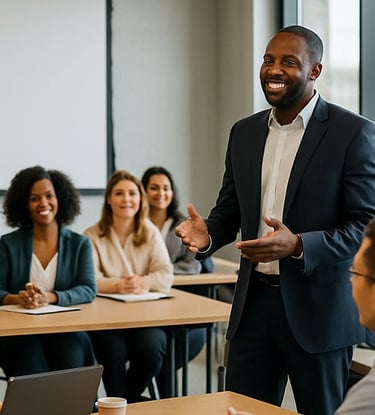 Confident businessman giving a presentation to a diverse team during a corporate training session in a conference room
