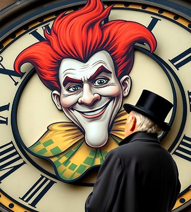 An older man gazes at an image of a large clock face wherein sets a grotesque jester type face.
