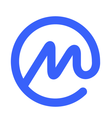 a blue and white logo with the letter m in the middle