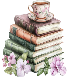 Illustration of stack of books with teacup