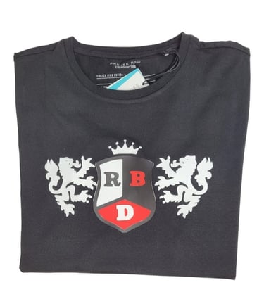 a black t - shirt with a Rebelde signs.
