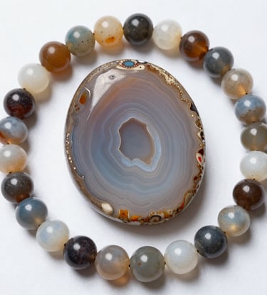 Natural agate geode slice surrounded by a matching polished gemstone bead bracelet on a white background.