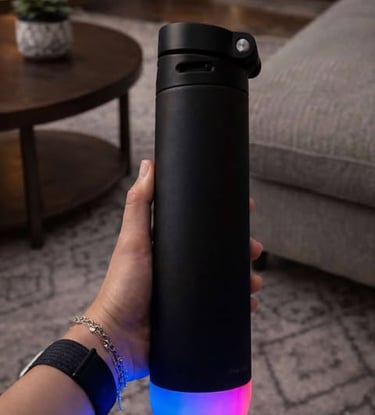 Insulated water bottle with LED base light held in hand for stylish hydration