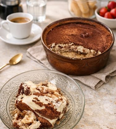 Homemade classic Italian tiramisu served in a glass bowl with espresso and ladyfingers.