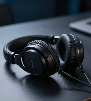 Close-up photography of professional studio headphones resting on a sleek dark desk, cinematic lighting with soft pale gray highlights in a dark blue environment. International / Global.