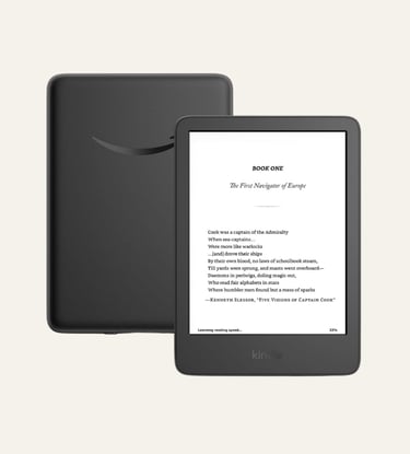 Black Amazon Kindle Paperwhite e-reader displaying a book page with poetry on a paper-like screen.