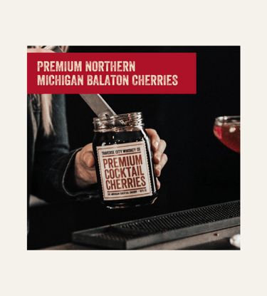 picture of a jar with a label of Travese City Whiskey Co Premium Cocktail Cherries
