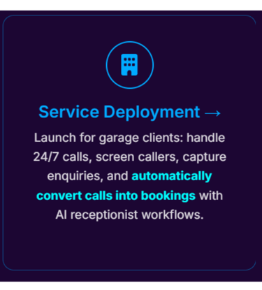 AI receptionist handling garage customer calls with automated booking capture, enquiry logging, and 
