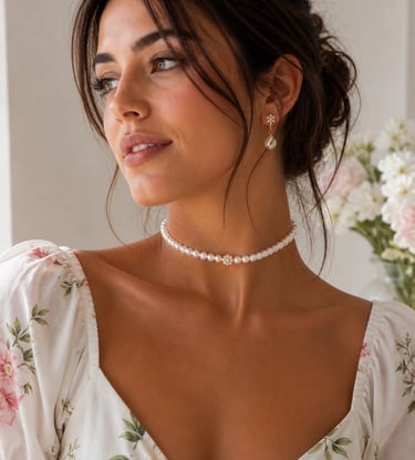 Woman wearing pearl choker necklace with floral dress, soft elegant look