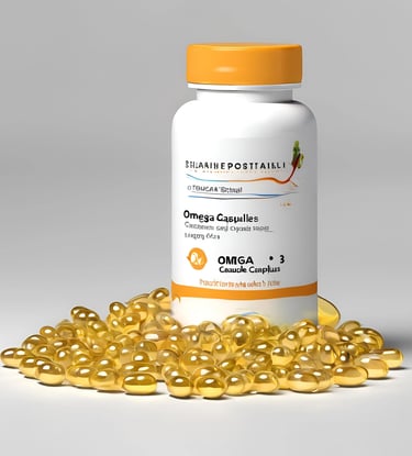 a bottle of omegaine capsules and some vitamins