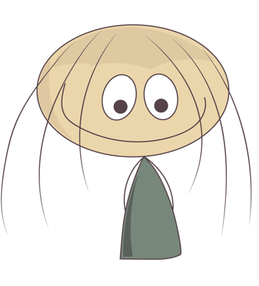 Simple cartoon illustration of a smiling character with a round head and long thin hair.
