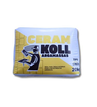 Saco de 20kg de argamassa cinza Ceram Koll tipo AC-I para assentamento de pisos e revestimentos cerâmicos internos.