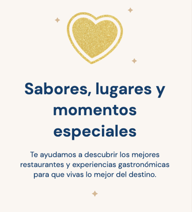 Gold glitter heart icon with Spanish text promoting the best restaurants and culinary experiences.