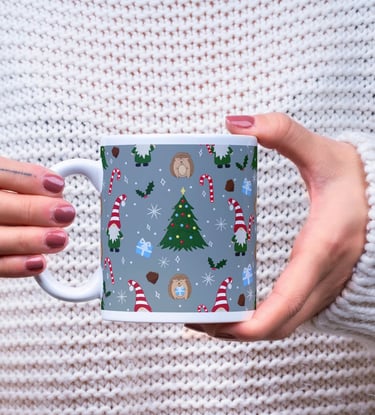 a mug with a festive christmas pattern featuring a gnome hedgehog candy cane