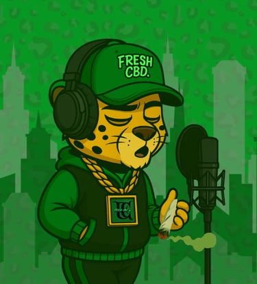 opardo Fresh CBD con auriculares y gorra cantando con micrófono en fondo verde