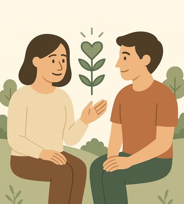 a man and woman sitting on a bench in a park