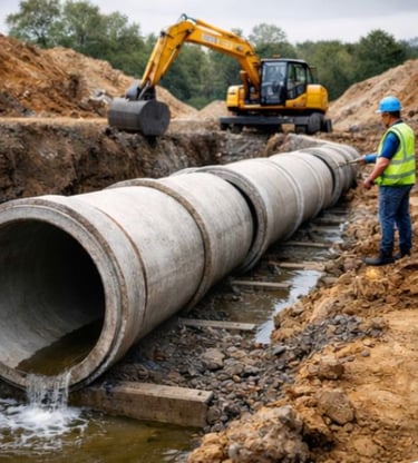 Obra de drenagem urbana com instalação de grandes tubos de concreto para escoamento de águas pluviai