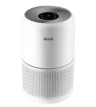 white Levoit air purifier with black top control panel on a white background