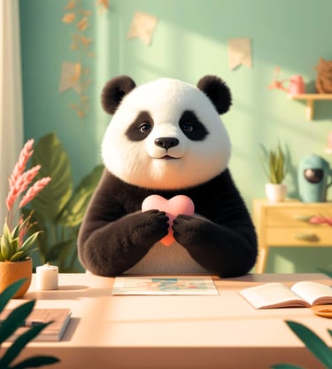 Mindy the mindful panda sitting around her desk holding a heart