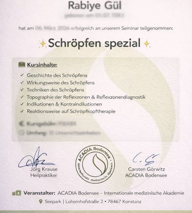 Teilnahmebescheinigung certificate for Rabiye Gül for a Schröpfen spezial cupping therapy seminar at ACADIA Bodensee.