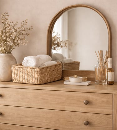 Small bedroom with soft beige bedding and textured pillows