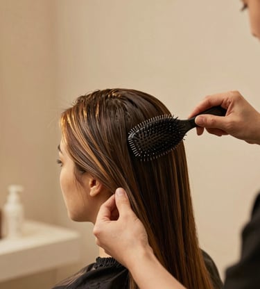 Close-up of a professional stylist carefully applying a luxurious hair treatment with a brush, warm golden studio lighting, shallow depth of field