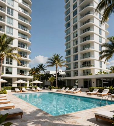 Wide-angle photography of a luxury apartment complex in Fort Lauderdale, South Florida, featuring sleek modern architecture, palm trees, and a sun-drenched pool area, representing high-end property management standards.