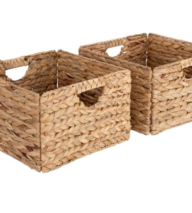 Pair of square woven water hyacinth storage baskets with built-in handles.