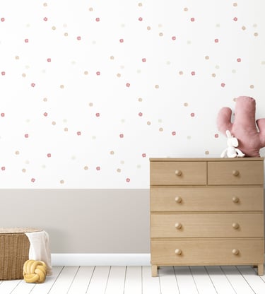 Children's bedroom interior with minimalist wallpaper with pink and red abstract balls