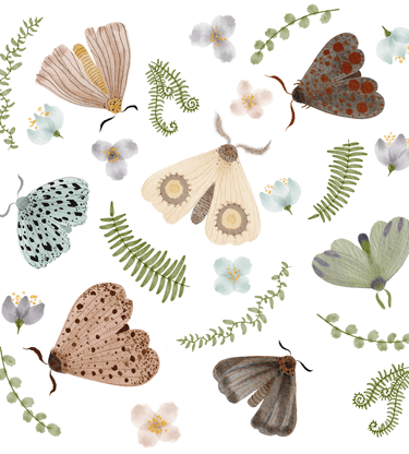 a pattern of a variety of different types of butterflies, leafs and flowers