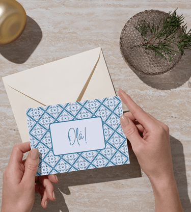 a greeting card with geometric pattern blue and white colors