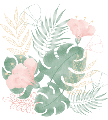 a bunch of flowers and leaves on a white background