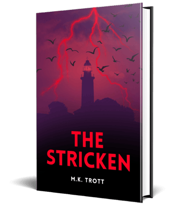 Book cover depicting a lighthouse in a storm. Black birds fill the red sky and red lightning strikes