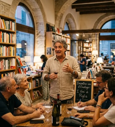 Oenologist leading a Primitivo wine tasting inside a bookstore in Bari with seated guests