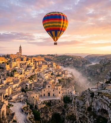 Colorful hot air balloon flying over ancient Sassi di Matera at sunrise in Southern Italy