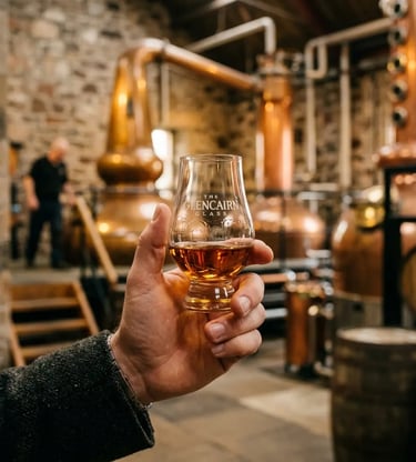 Hand holding Glencairn glass with amber single malt whisky inside a Scottish distillery.
