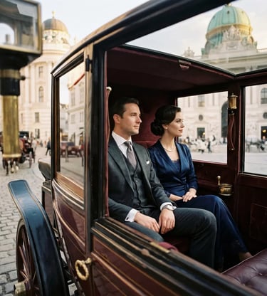 Well-dressed couple seated in private horse-drawn carriage Vienna