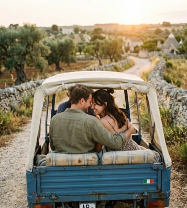 Couple embracing in Ape Calessino riding through Itria Valley at golden hour
