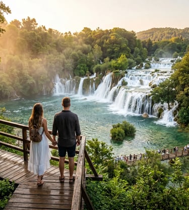 Couple holding hands at Krka waterfall, turquoise pools, golden morning light, Croati