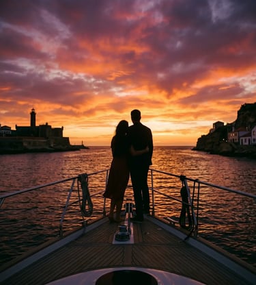 Couple standing at the bow of a luxury yacht watching the Atlantic sunset in Porto.