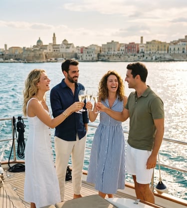 Four friends laughing and clinking Prosecco glasses on yacht deck with Bari old town behind
