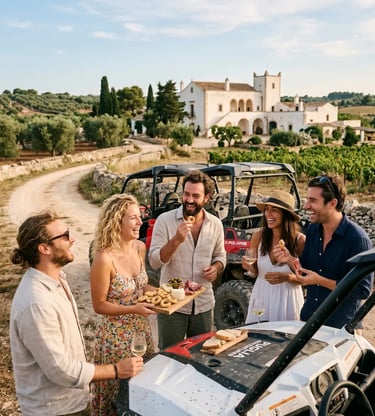 Group of friends enjoying local food and wine beside buggies in front of Puglia masseria