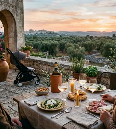 Stone terrace dinner table with orecchiette, wine and olive grove views at dusk in Puglia