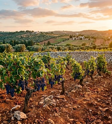Ancient Primitivo bush vines with dark grape clusters on red terra rossa soil in Puglia at sunset