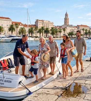 Multi-generation family boarding private speedboat at Split harbor for Brač family tour